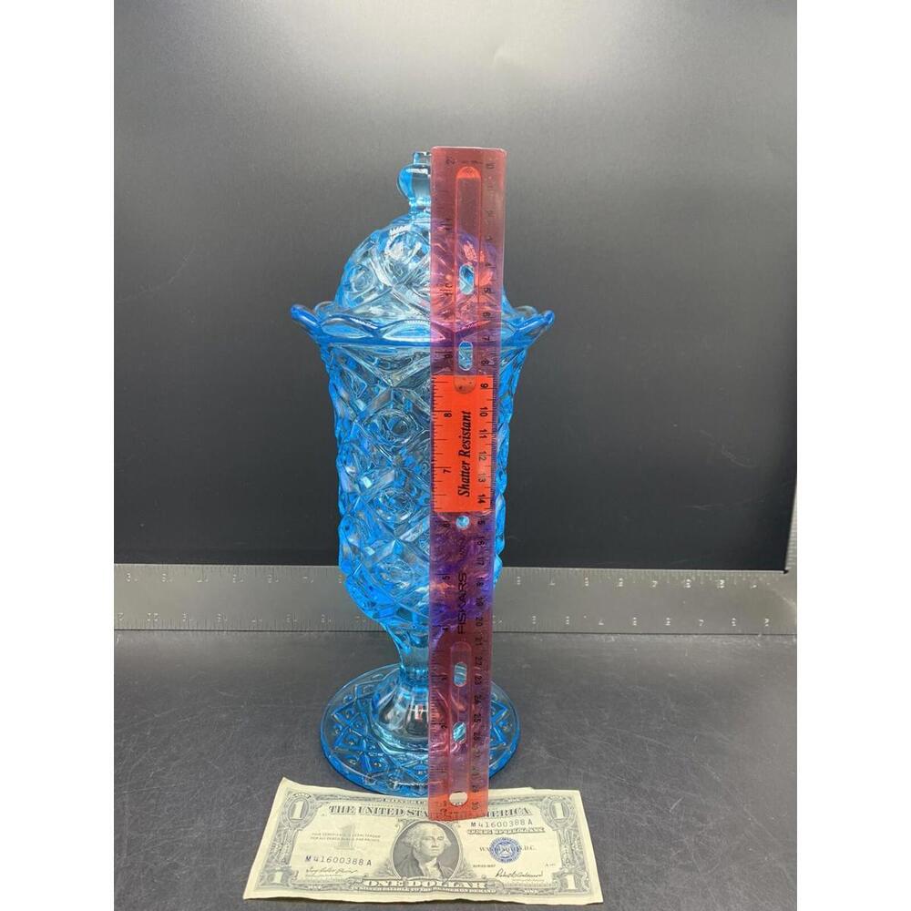 Vintage Blue Glass Candy Covered Lid Dish Vase Pedestal - Picture 7 of 11
